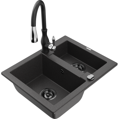 Mexen Carlos fregadero de granito 1,5 cámaras con grifo de cocina Savita, negro moteado - 6518-76-672601-70-B