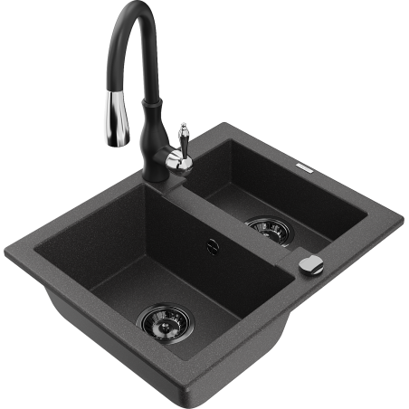 Mexen Carlos granite sink 1.5-bowl with Savita kitchen tap, black speckled - 6518-76-672601-70-B
