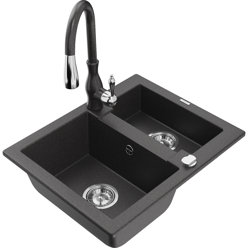 Mexen Carlos fregadero de granito 1,5 senos con grifo de cocina Savita, negro moteado - 6518-76-672601-76