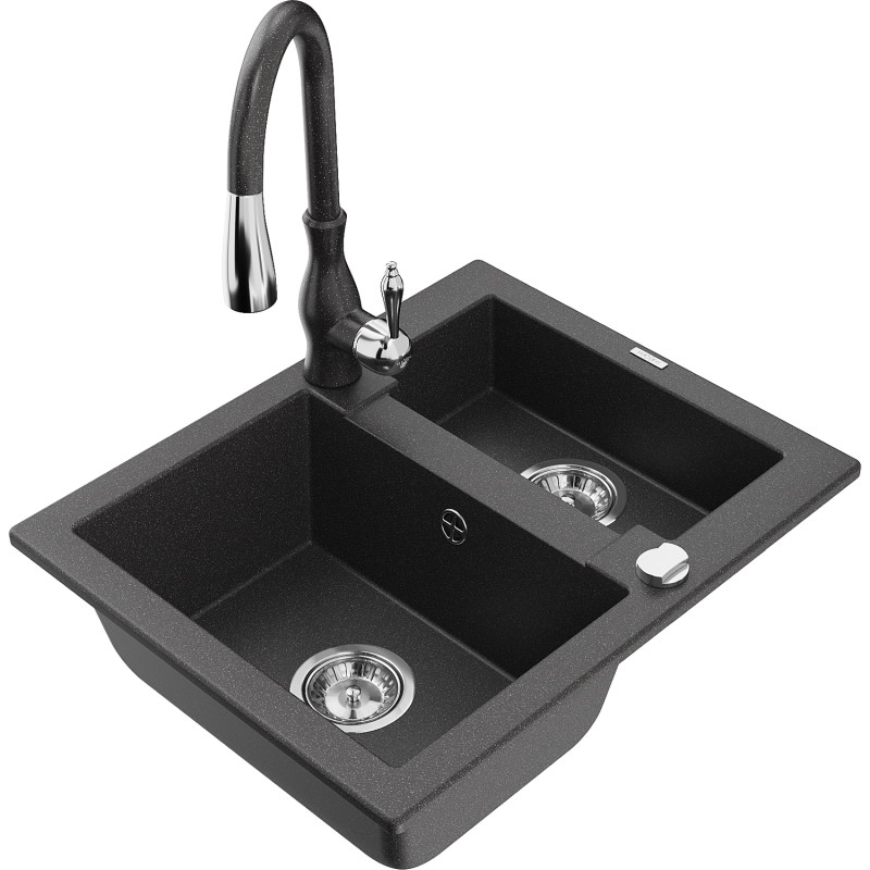 Mexen Carlos fregadero de granito de 1,5 compartimentos con grifo de cocina Savita, negro moteado - 6518-76-672601-76