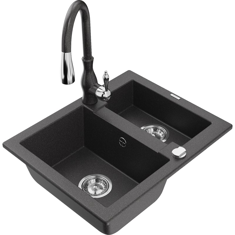 Mexen Carlos granite sink 1.5-bowl with Savita kitchen faucet, black speckled - 6518-76-672601-76