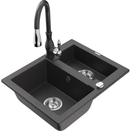 Mexen Carlos fregadero de granito 1,5 senos con grifo de cocina Savita, negro moteado - 6518-76-672601-76