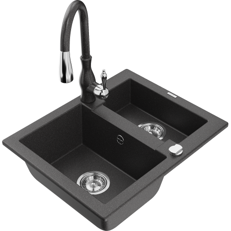 Mexen Carlos fregadero de granito de 1,5 cubetas con grifo de cocina Savita, negro moteado - 6518-76-672601-76
