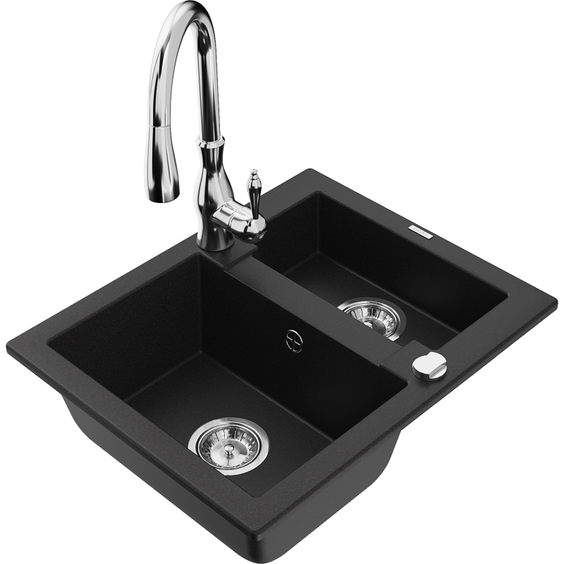 Mexen Carlos lava-loiça de granito de 1,5 compartimentos com torneira de cozinha Savita, preto - 6518-77-672601-00