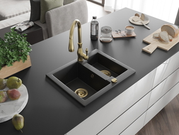 Mexen Carlos granite sink 1.5-bowl with Savita kitchen tap, black - 6518-77-672601-50