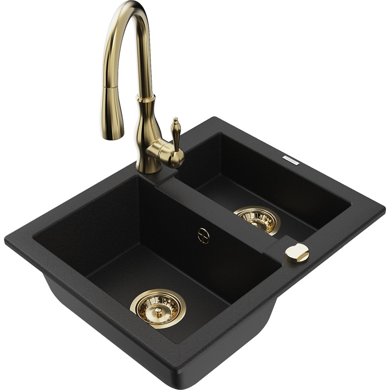 Mexen Carlos fregadero de granito de 1,5 cubetas con grifo de cocina Savita, negro - 6518-77-672601-50