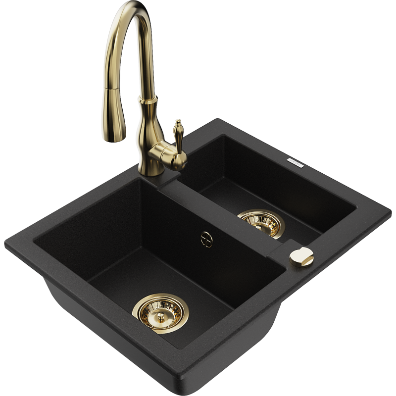 Mexen Carlos fregadero de granito de 1,5 senos con grifo de cocina Savita, negro - 6518-77-672601-50