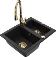 Mexen Carlos granite sink 1.5-bowl with Savita kitchen tap, black - 6518-77-672601-50