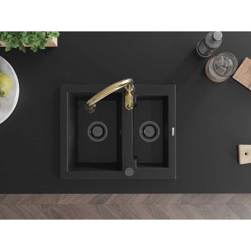 Mexen Carlos fregadero de granito de 1,5 senos con grifo de cocina Savita, negro - 6518-77-672601-50-B