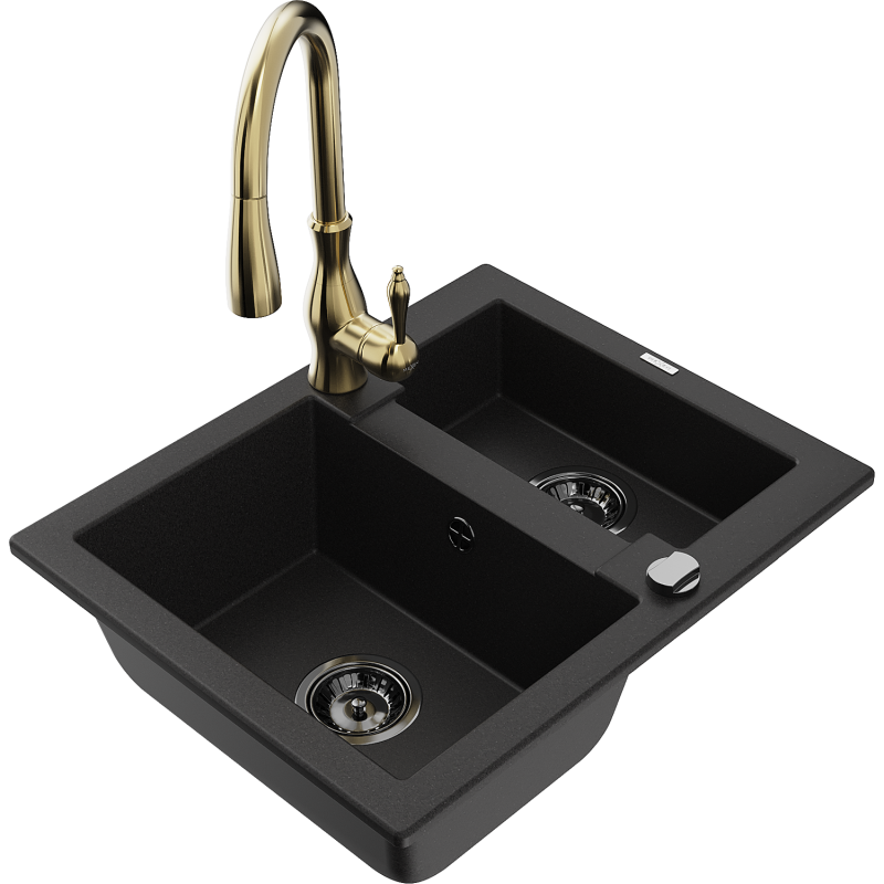 Mexen Carlos lavello in granito da 1,5 vasche con miscelatore da cucina Savita, nero - 6518-77-672601-50-B