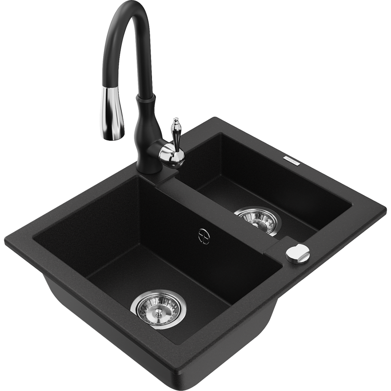 Mexen Carlos fregadero de granito de 1,5 cubetas con grifo de cocina Savita, negro - 6518-77-672601-70