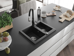 Mexen Carlos granite sink 1.5-bowl with Savita kitchen tap, black - 6518-77-672601-70