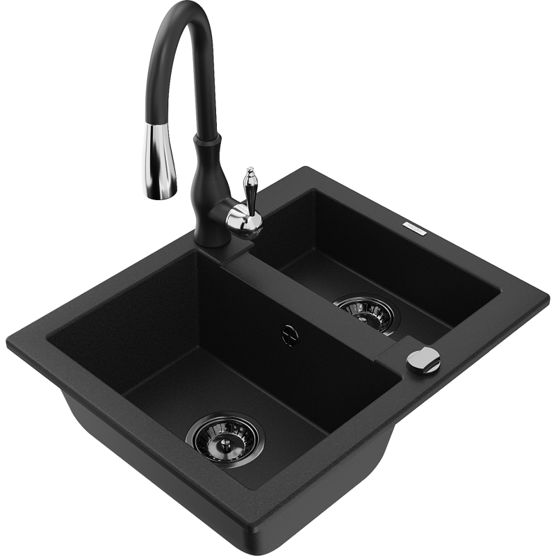 Mexen Carlos fregadero de granito de 1,5 senos con grifo de cocina Savita, negro - 6518-77-672601-70-B