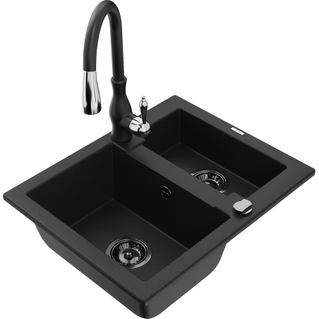 Mexen Carlos granite sink 1.5-bowl with Savita kitchen tap, black - 6518-77-672601-70-B