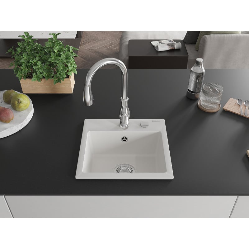 Mexen Milo granite sink single bowl with Savita kitchen tap, white - 6505-20-672601-00