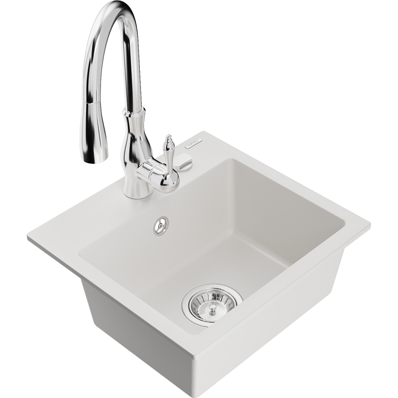 Mexen Milo fregadero de granito de 1 cubeta con grifo de cocina Savita, blanco - 6505-20-672601-00