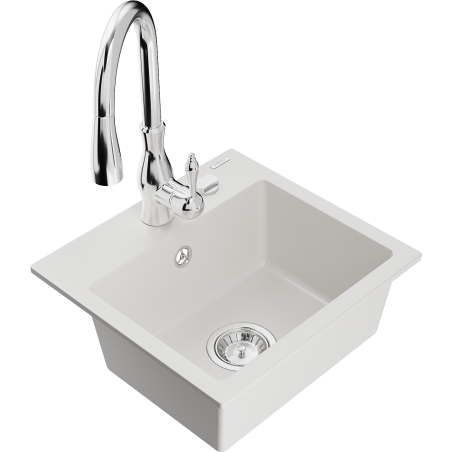 Mexen Milo granite sink single bowl with Savita kitchen tap, white - 6505-20-672601-00