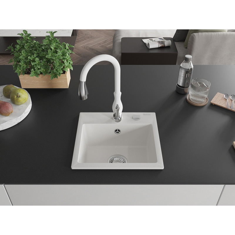 Mexen Milo fregadero de granito de 1 seno con grifo de cocina Savita, blanco - 6505-20-672601-20