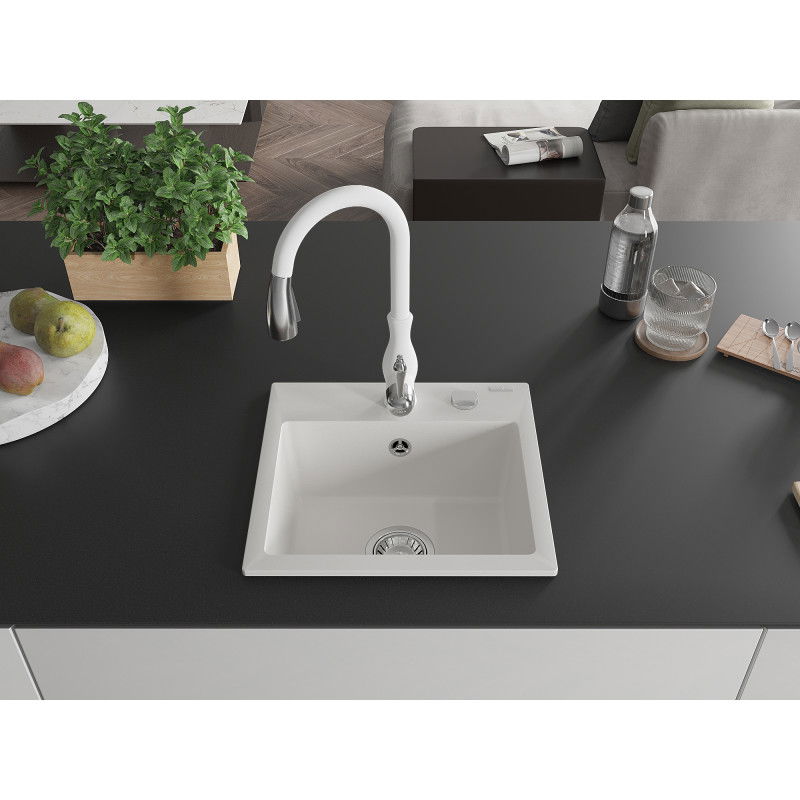 Mexen Milo single-bowl granite sink with Savita kitchen tap, white - 6505-20-672601-20