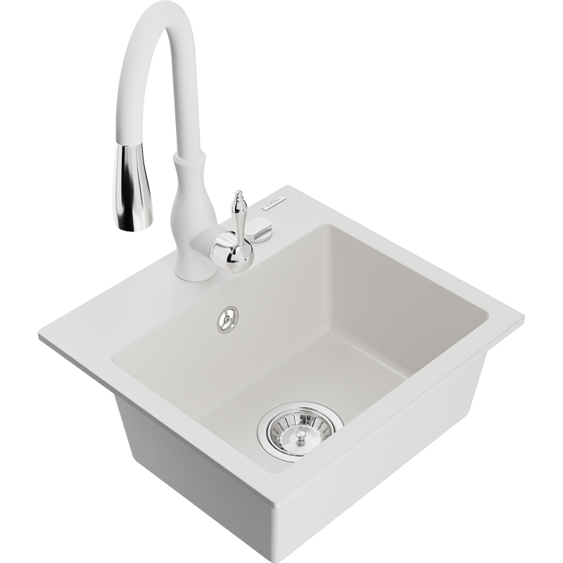 Mexen Milo lava-loiça de granito de 1 bacia com torneira de cozinha Savita, branco - 6505-20-672601-20