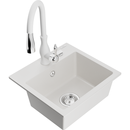Mexen Milo Granitspüle 1-becken mit Küchenarmatur Savita, weiß - 6505-20-672601-20
