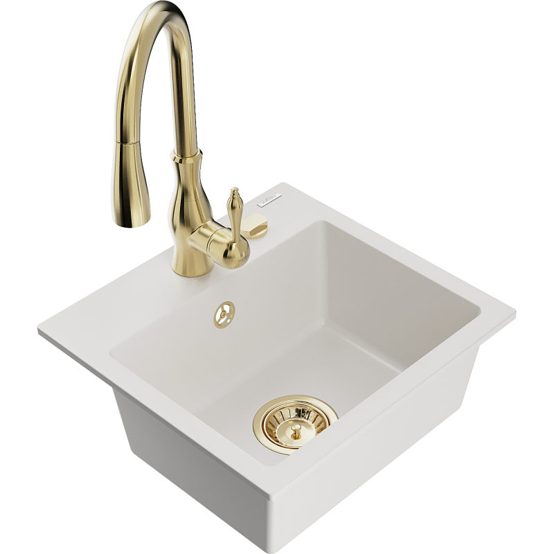 Mexen Milo fregadero de granito de 1 cubeta con grifo de cocina Savita, blanco - 6505-20-672601-50