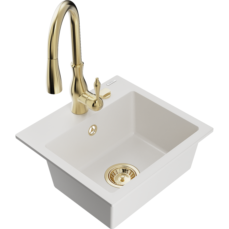 Mexen Milo granite kitchen sink 1-bowl with Savita kitchen tap, white - 6505-20-672601-50