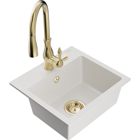 Mexen Milo granite kitchen sink 1-bowl with Savita kitchen tap, white - 6505-20-672601-50