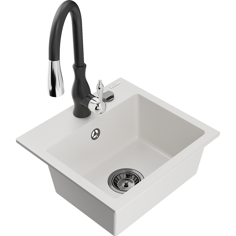 Mexen Milo Graniittinen 1-kammioinen tiskiallas keittiöhanalla Savita, valkoinen - 6505-20-672601-70