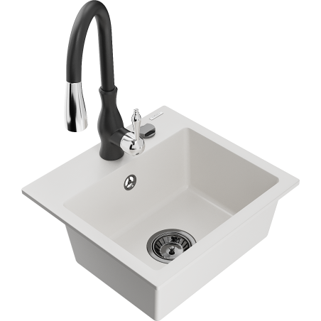 Mexen Milo fregadero de granito de 1 cámara con grifo de cocina Savita, blanco - 6505-20-672601-70