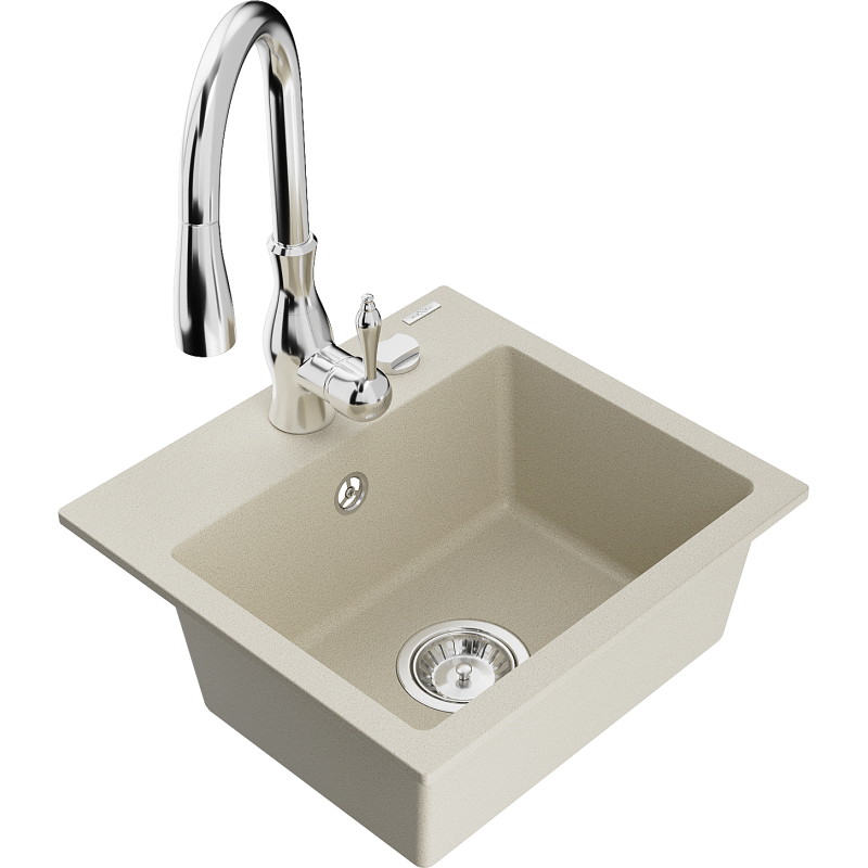 Mexen Milo Einzelbecken Granitspüle mit Küchenarmatur Savita, beige - 6505-69-672601-00