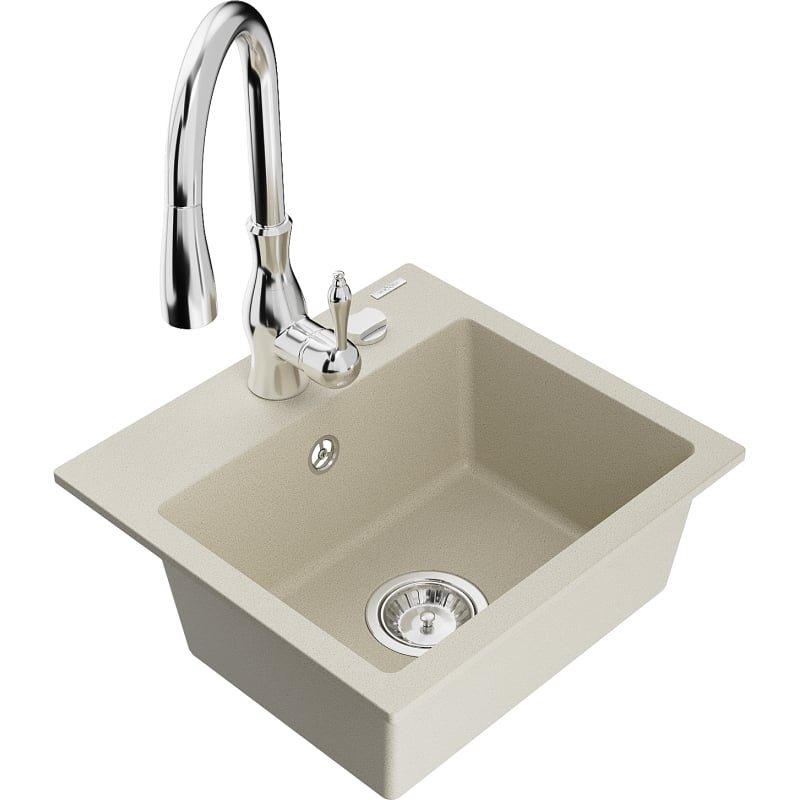 Mexen Milo granieten gootsteen 1-baks met keukenmengkraan Savita, beige - 6505-69-672601-00