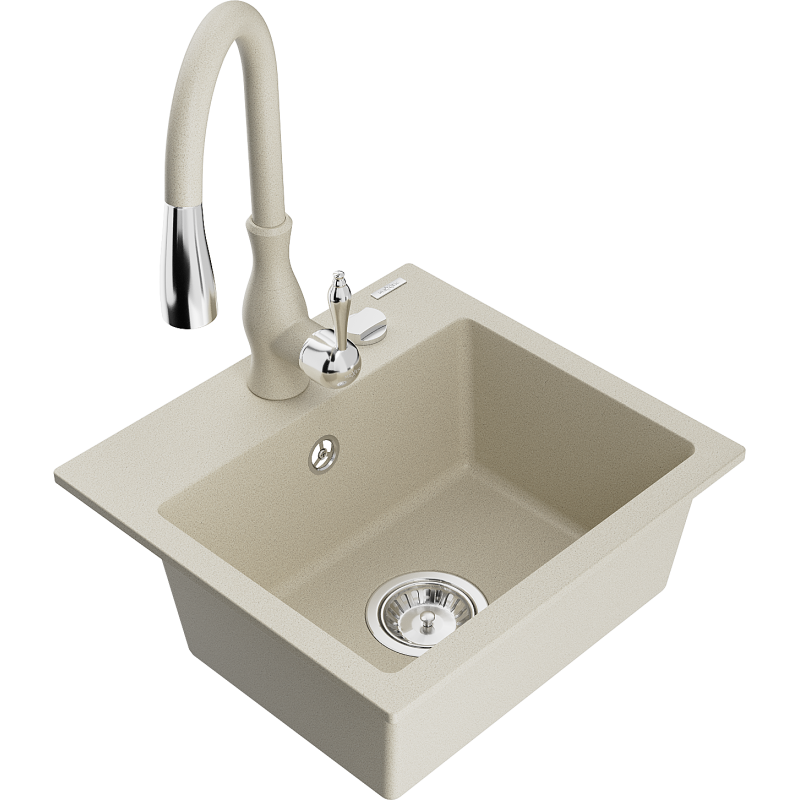Mexen Milo granite sink with 1-bowl and Savita kitchen tap, beige - 6505-69-672601-69
