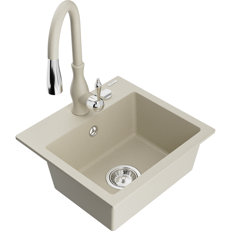 Mexen Milo lavello da cucina in granito 1-vasca con miscelatore Savita, beige - 6505-69-672601-69