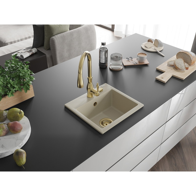 Mexen Milo granit spoelbak met 1 bak en keukenmengkraan Savita, beige - 6505-69-672601-50
