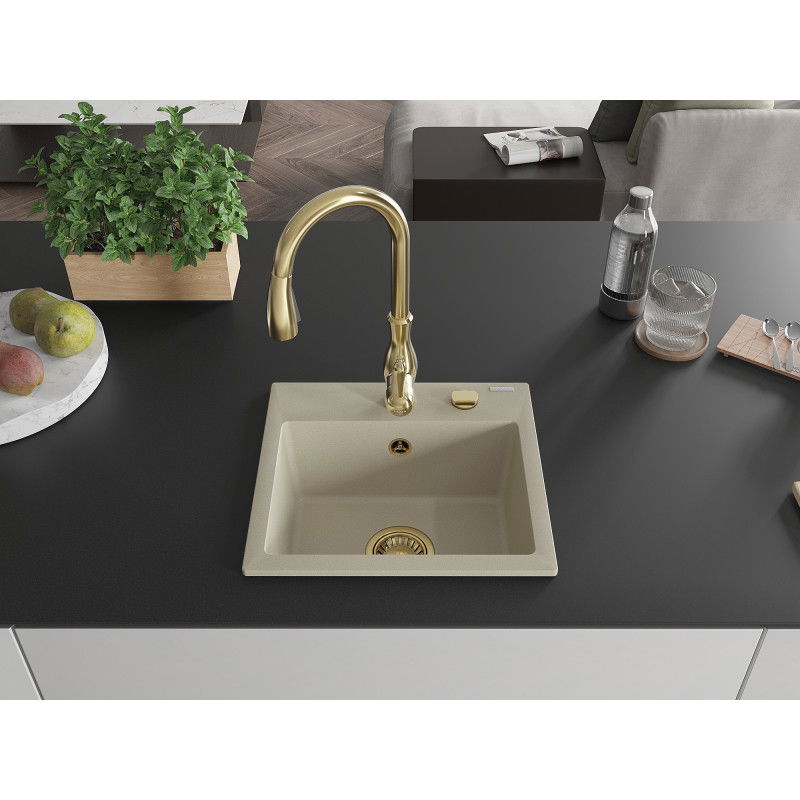 Mexen Milo évier en granit 1-bassin avec robinet de cuisine Savita, beige - 6505-69-672601-50