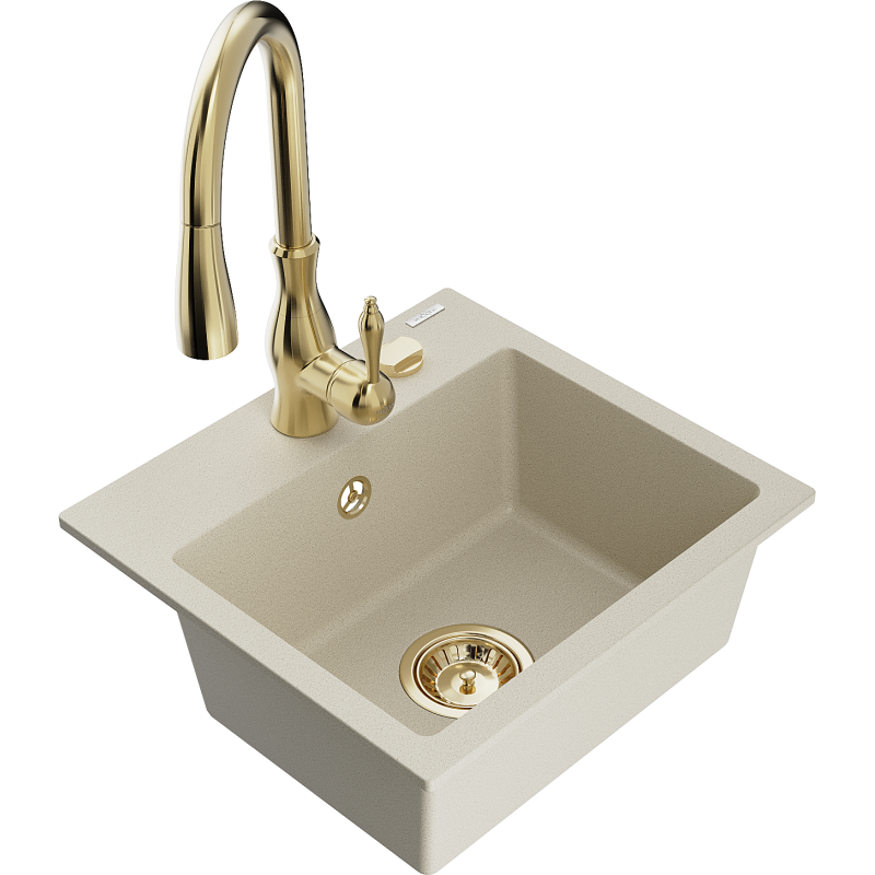 Mexen Milo évier en granit 1-bassin avec robinet de cuisine Savita, beige - 6505-69-672601-50