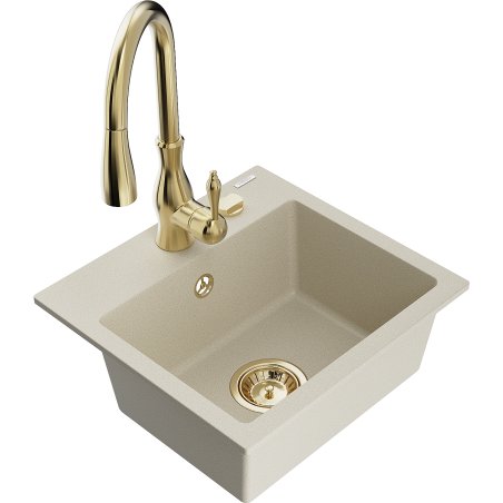 Mexen Milo granit spoelbak met 1 bak en keukenmengkraan Savita, beige - 6505-69-672601-50