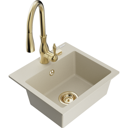 Mexen Milo granite sink with 1 bowl and Savita kitchen tap, beige - 6505-69-672601-50