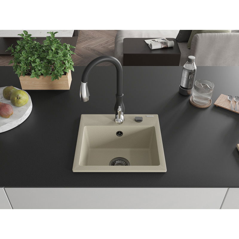 Mexen Milo 1-bowl granite sink with Savita kitchen tap, beige - 6505-69-672601-70