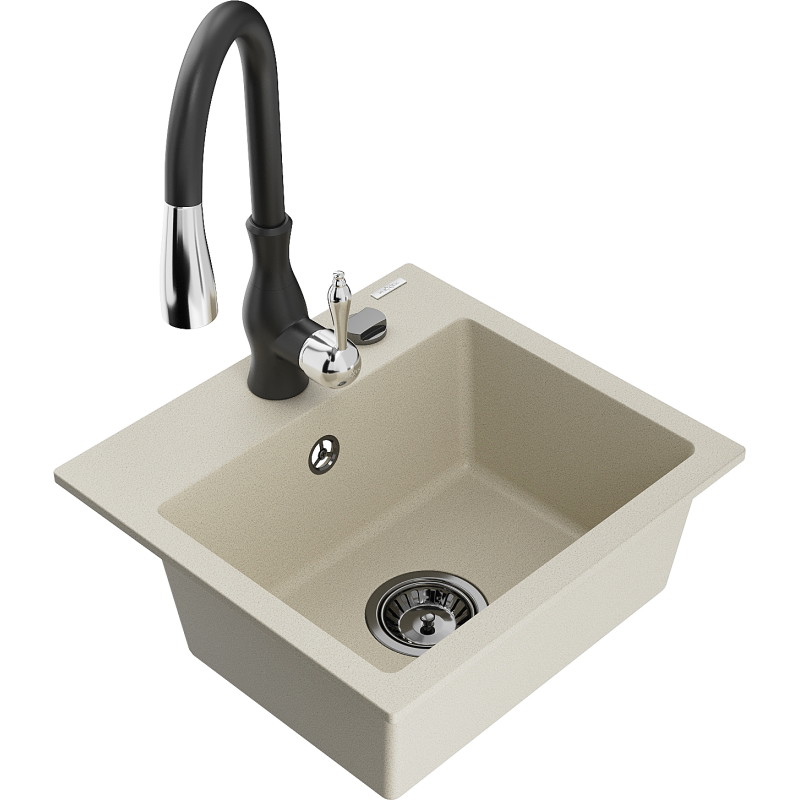 Mexen Milo évier en granit 1 bac avec robinet de cuisine Savita, beige - 6505-69-672601-70