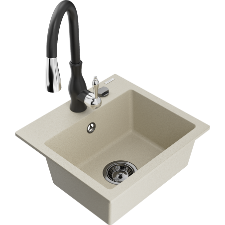 Mexen Milo granieten spoelbak 1-komers met keukenmengkraan Savita, beige - 6505-69-672601-70