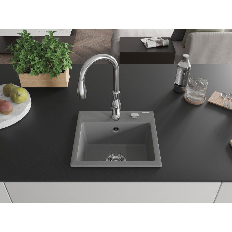 Mexen Milo 1-bowl granite sink with Savita kitchen tap, grey - 6505-71-672601-00