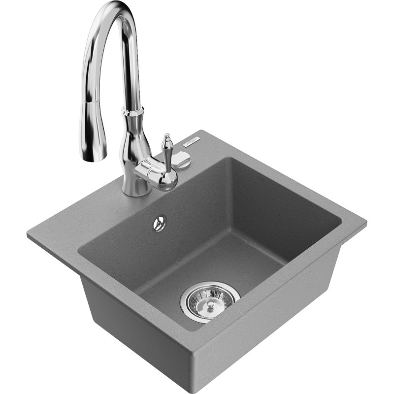 Mexen Milo lavello da cucina in granito 1-vasca con miscelatore cucina Savita, grigio - 6505-71-672601-00