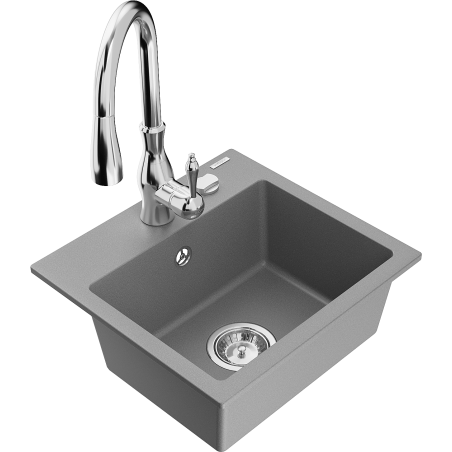 Mexen Milo évier en granit 1 bac avec robinet de cuisine Savita, gris - 6505-71-672601-00