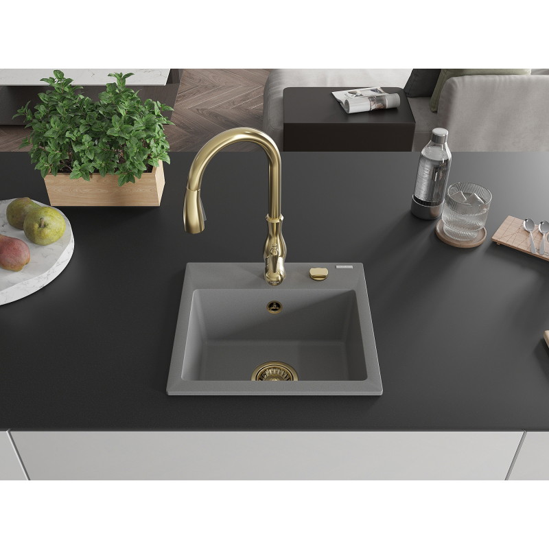 Mexen Milo évier en granit 1 cuve avec robinet de cuisine Savita, gris - 6505-71-672601-50