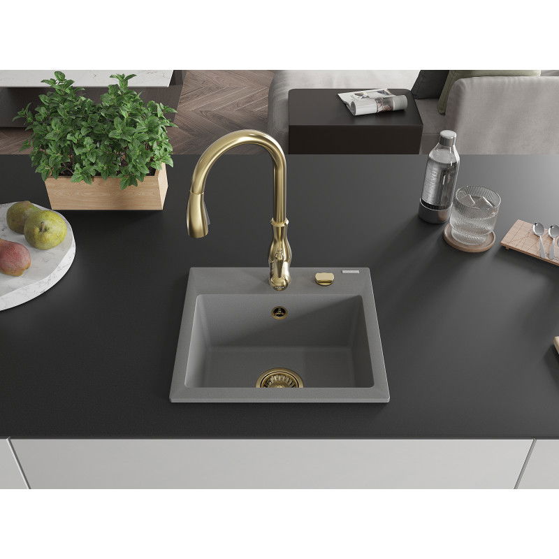 Mexen Milo granite sink 1-bowl with Savita kitchen tap, grey - 6505-71-672601-50