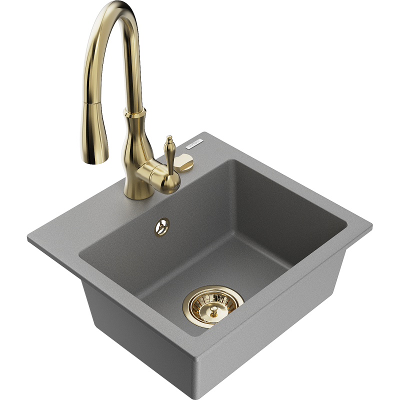 Mexen Milo fregadero de granito de 1 cubeta con grifo de cocina Savita, gris - 6505-71-672601-50