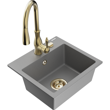 Mexen Milo granite kitchen sink 1-bowl with Savita kitchen faucet, gray - 6505-71-672601-50