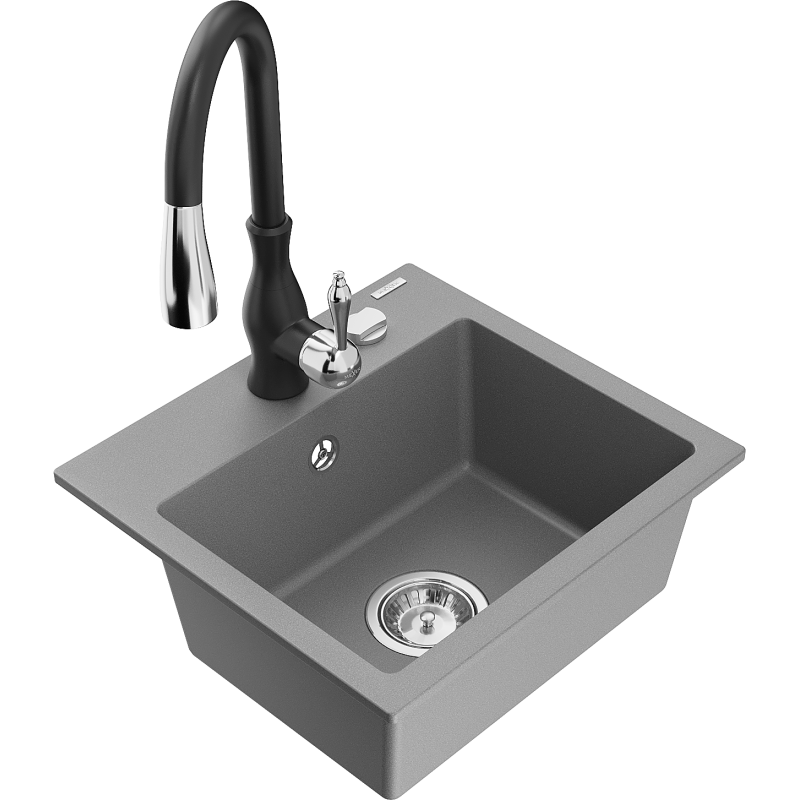 Mexen Milo fregadero de granito de 1 cubeta con grifo de cocina Savita, gris - 6505-71-672601-70